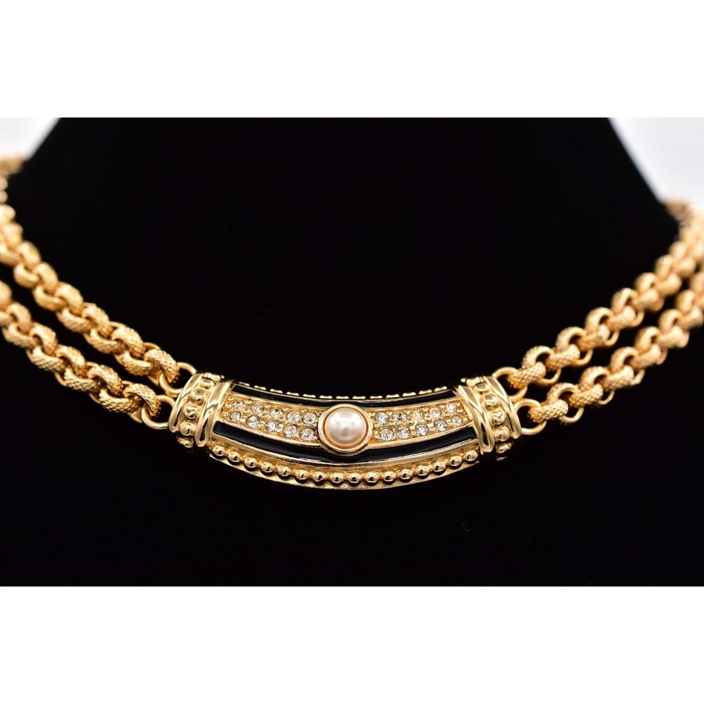 Authentic Dior Gold and Black Necklace with Pearl and Crystal Accents